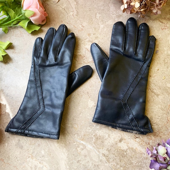 Vintage Navy Blue Vinyl Women Winter Gloves With Rabbit Fur Lining