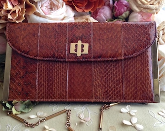 Vintage Brown Snake Skin Bag, Brown and Gold Leather Bag, Brown Leather and Suede Purse, Exotic Skin Bag,Baguette Bag