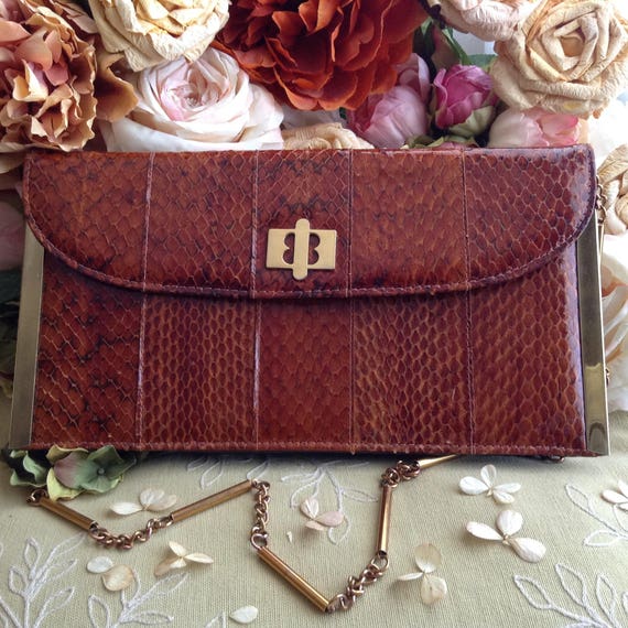 Vintage Brown Snake Skin Bag, Brown and Gold Leather Bag, Brown Leather and Suede Purse, Exotic Skin Bag,Baguette Bag