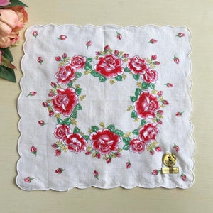 Vintage SPANGAL White Gauze Handkerchief with Red Roses Illustrations, Floral Handkerchief, Elegant Handkerchief