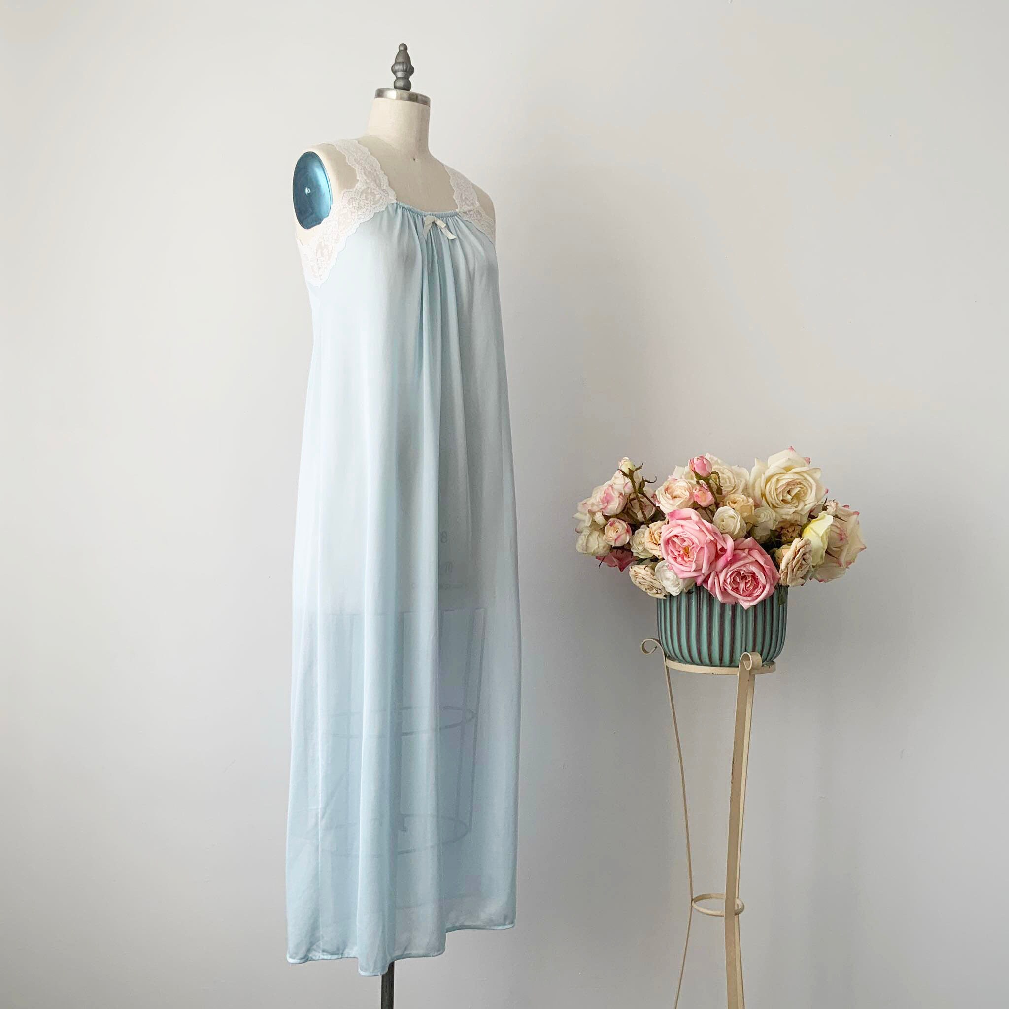 Vintage Pale Blue Sleeveless Nylon Long Nightgown with White Lace Straps