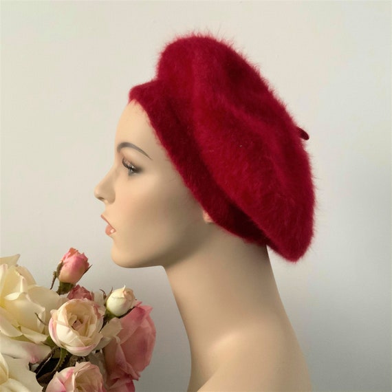 Vintage Red Angora Winter Beret, Elegant Colorful