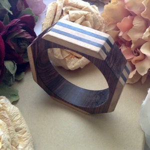 Vintage Square Shape Wood Bangle with Various Brown Color Strips, Elegant Wood Bangle, Trendy Bangle, Modern Style Bangle, Gift Idea