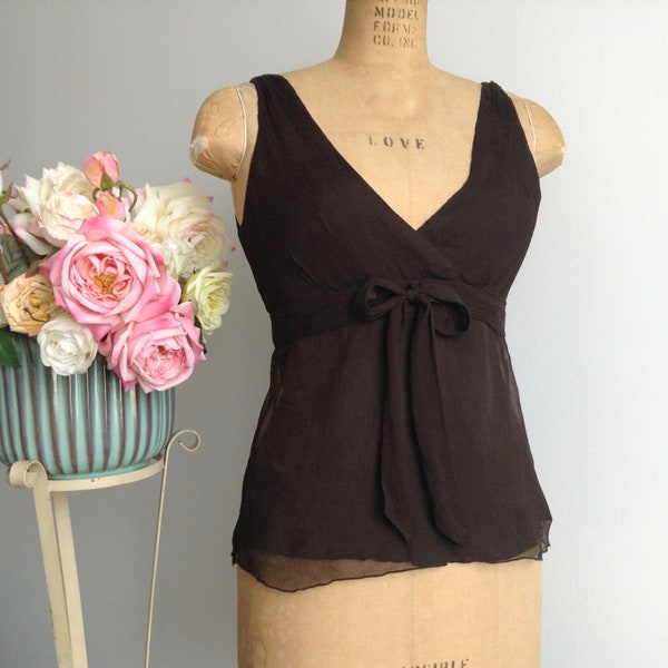 Vintage J. CREW Brown Silk Sleeveless Top, Empire Style Top, Elegant Silk Top