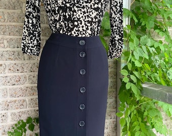 Vintage JAEGER Dark Navy Blue Skirt Size 6, Classic Button Front Below Knee Skirt
