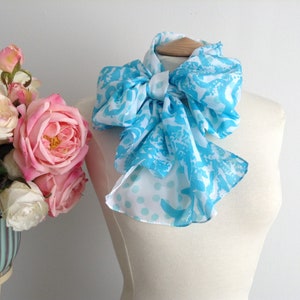 Vintage Blue and White Rectangular Polyester Scarf, Long Two Tone Scarf, Elegant Scarf, Gift Idea