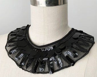 Vintage Handmade Black Tulle Round Detachable Formal Collar with Black Sequins Embroidery, Elegant Removable Collar