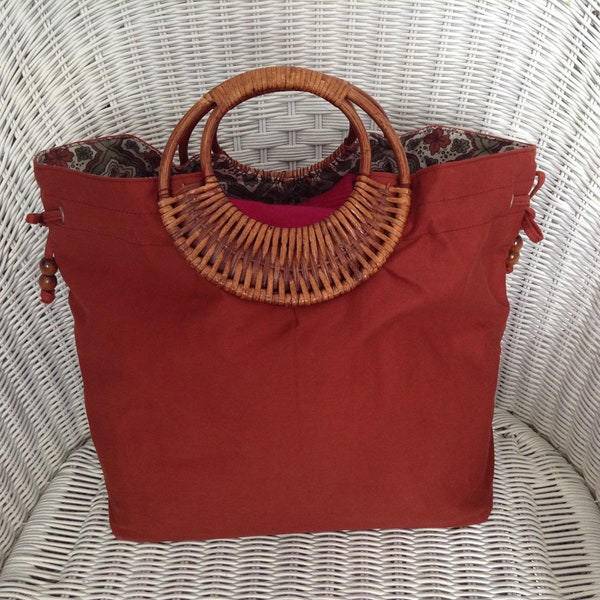 Vintage Large Brown Cotton Tote With Wood Handles, Summer Fabric Bag, Beach Bag, Elegant Fabric Bag