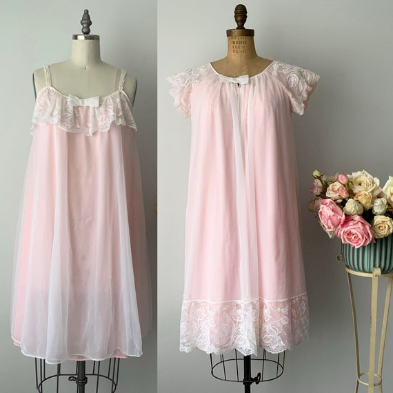 Vintage PERRI ANN Pink Nylon Robe and Nightgown S… - image 1