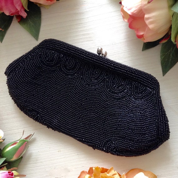Vintage 1950s Black Beaded Satin Clutch, Formal Cl