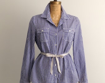 Vintage Tommy Hilfiger Blue Gingham Classic Size L Cotton Blouse, Preppy Blue and White Checkered Blouse, Elegant Casual Woman's Shirt