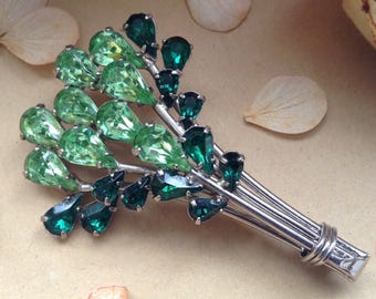 Vintage  Two Tone Green Rhinestone Floral Brooch,  Silver Tone Metal Brooch, 1950s Brooch, Classy Brooch,Gift Idea,Mother's Gift