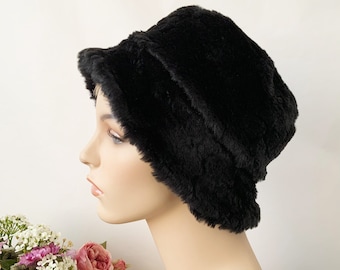 Vintage Black Faux Fur Winter Bucket Hat, Elegant Winter Hat