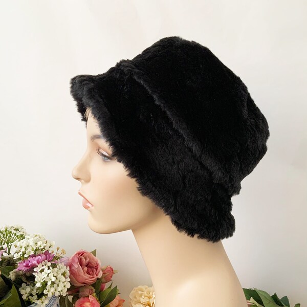Vintage Black Faux Fur Winter Bucket Hat, Elegant Winter Hat