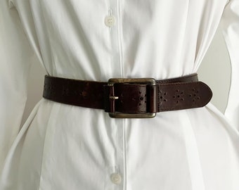 Vintage Jacob Dark Brown Genuine Leather Belt with Perforated Floral Pattern, Elegant Casual Belt, Bohemian Style Belt