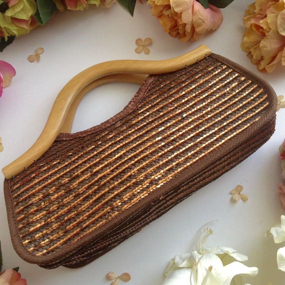Vintage Aldo Brown Woven Sequins Straw Bag Baguette Bag With Wood Handles and Brown Glittery Sequins designer Straw Bag party Bag gift Idea Etsy UK