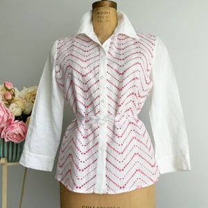 Vintage MOFFI White Ramie Long Sleeves Women Blouse with Pink See Through Small Embroidery, Elegant Summer Blouse, Versatile Blouse