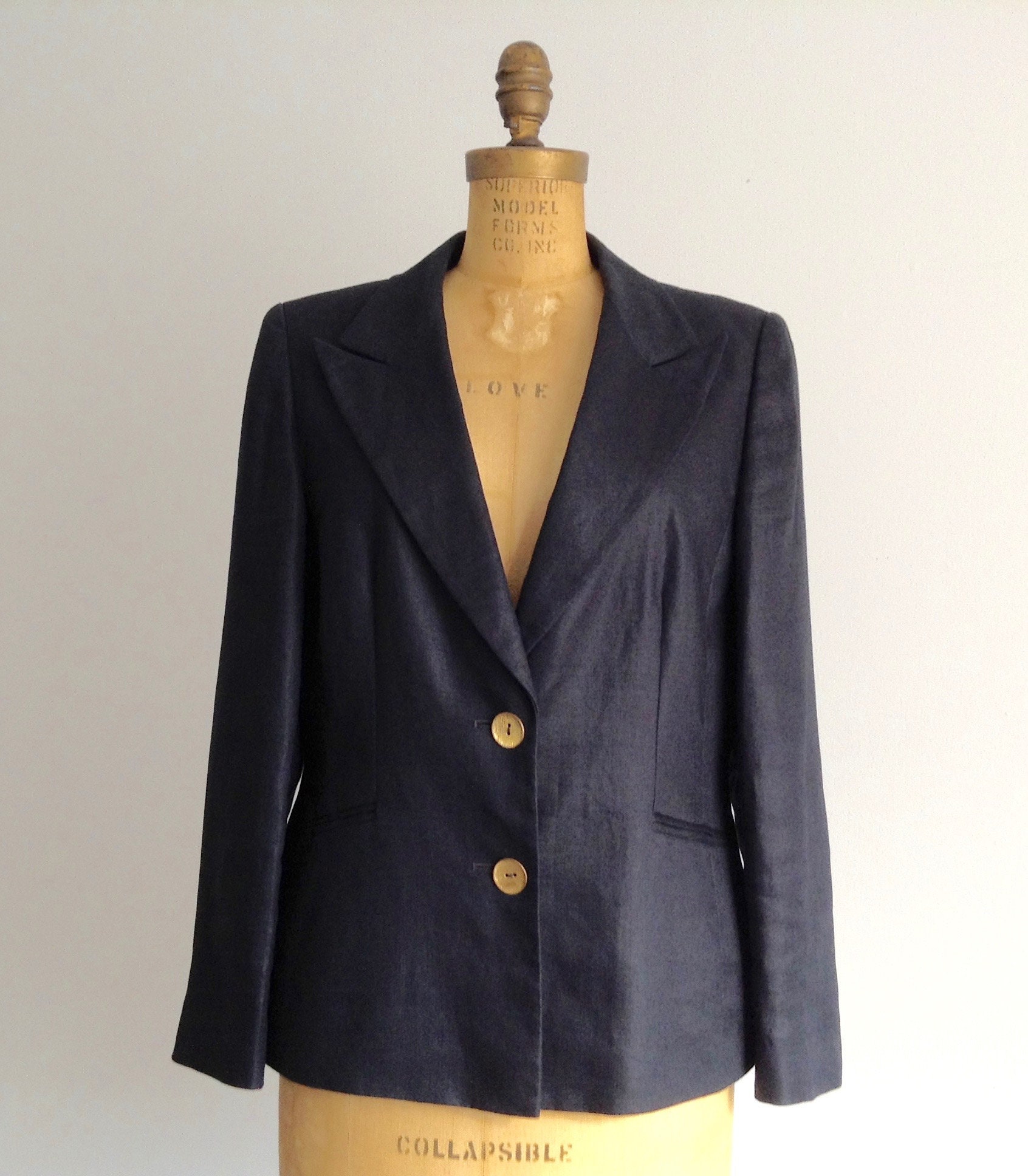 Vintage PRECIS PETITE Linen Navy Blue Two button Suit With Gold