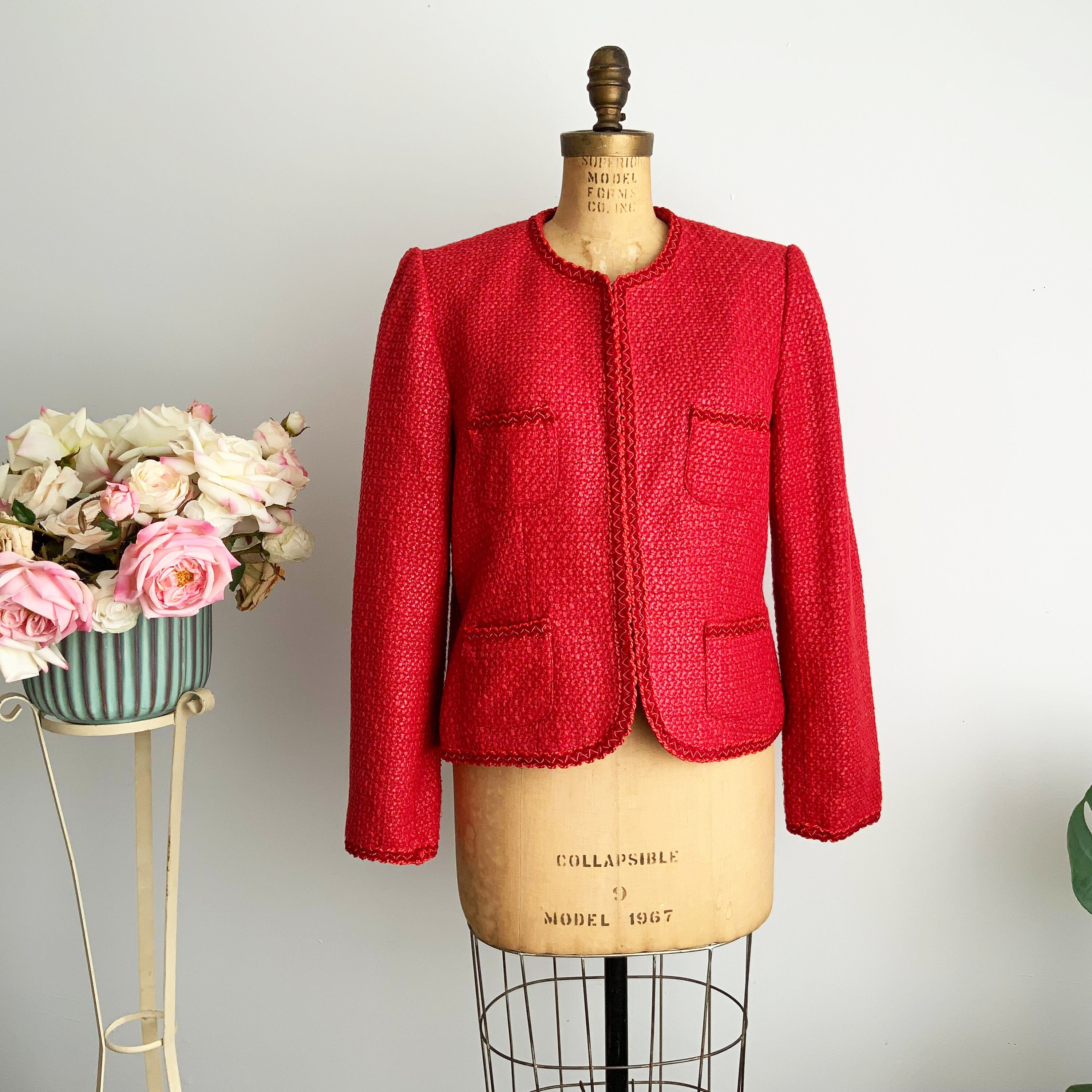 Vintage PAUL BRIAL Chanel Style Red Tweed Jacket Formal 