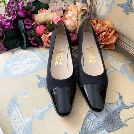 Vintage FERRAGAMO Black Cap Toe Fabric Pumps, Classic Pumps