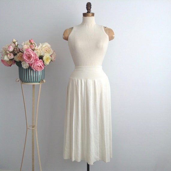 Vintage Beige Wool Knit Pleated Skirt, Pleated Woo