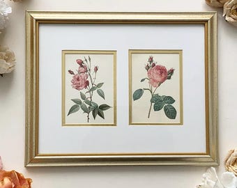 Vintage REDOUTE Gold Framed Diptych Roses Prints, Classic Floral Wall Hanging, Gift Idea