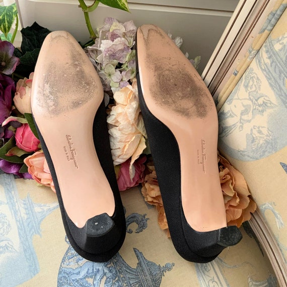 Vintage FERRAGAMO Black Cap Toe Fabric Pumps, Classic Pumps