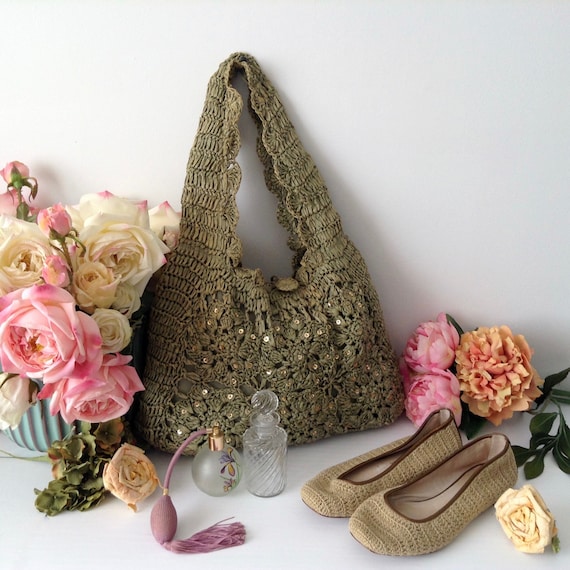 Vintage Green Corn Husk Straw Bag, Gold Sequins