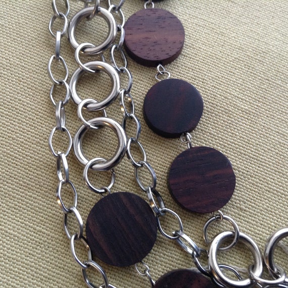 Vintage Silver Tone Chain Wood Beads, 1990's Neck… - image 5