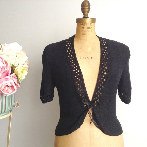 Vintage Short Sleeve Sweater, Black Knitted Sweate
