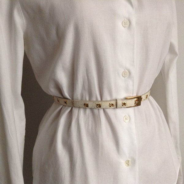 Vintage White Skinny Belt, Faux Leather Belt with Gold Inserts, Elegant Belt, Trendy Belt, Classy Belt