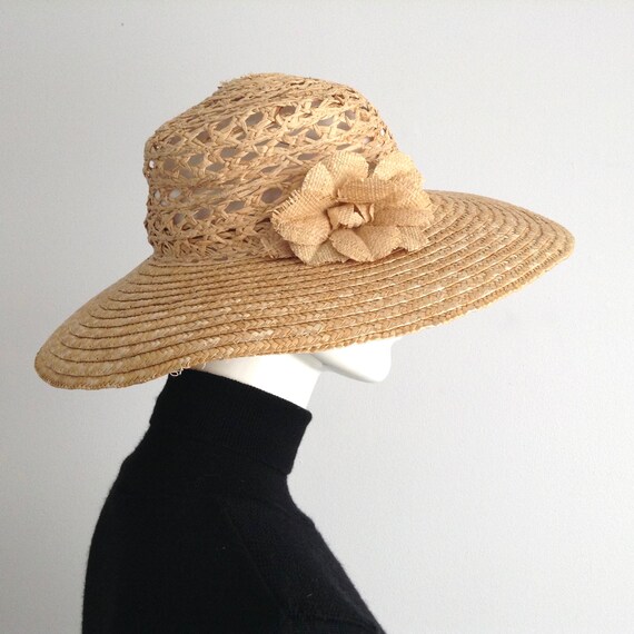 Vintage Woven Natural Straw Wide Brim Hat, See Thr