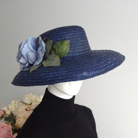 Vintage Blue Wide Brim Straw Hat with Decorative B