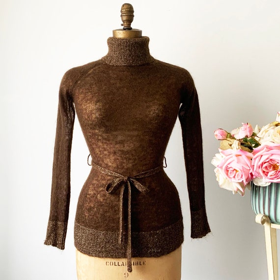 Vintage Knitted Brown Wool Pullover Sweater with … - image 1