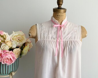 Vintage CELESTRA White Cotton Blend Sleeveless Nightgown with Pink Dots and Embroidered Bodice, Summer Nightgown, Romantic Nightgown