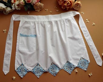 Vintage 1950 White Cotton Half Apron with Crocheted Blue Diamond Shape Embroidery,Blue and White Retro Semi Apron,Hostess Apron,Ladies Apron