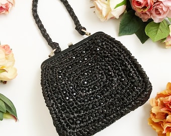 Vintage 1960s Small Black Top Handle Beaded Woven Straw Bag, Elegant Formal Bag