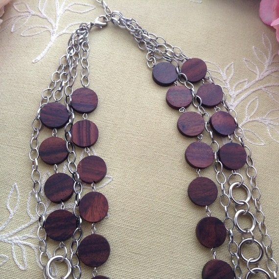 Vintage Silver Tone Chain Wood Beads, 1990's Neck… - image 3
