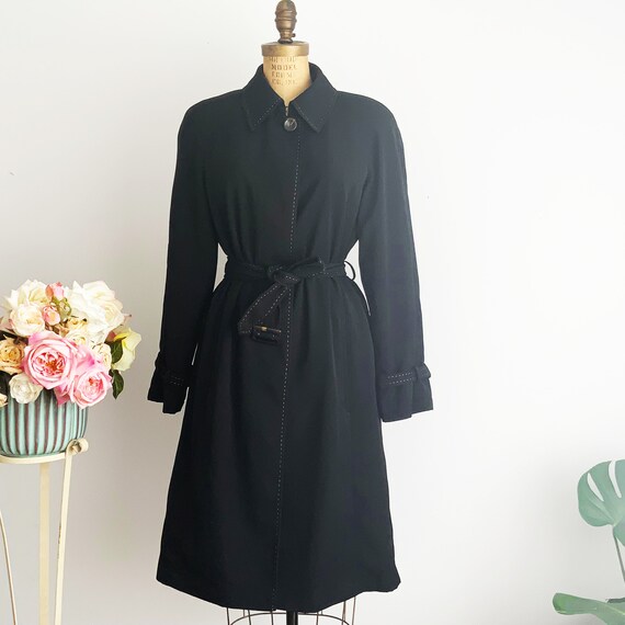Vintage JONES STUDIO Black Trench Coat with Stitching Adornments, Classic Size 8 Coat, Elegant Overcoat