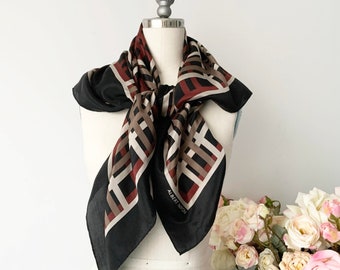 Vintage Albert Nipon Large Black Brown and Grey Square Striped Scarf, Elegant Classic Scarf, Versatile Silk Scarf