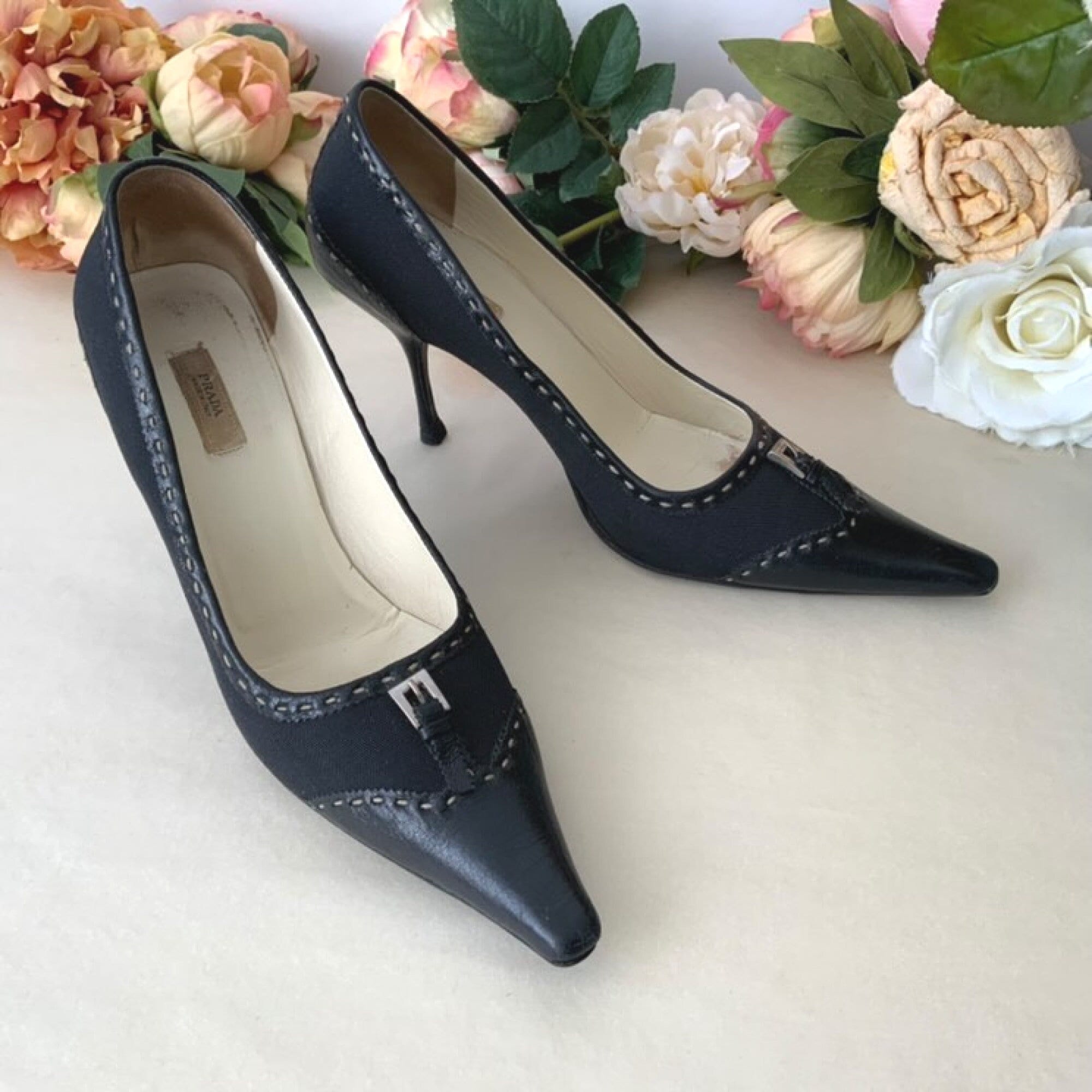 Vintage Rare PRADA Black Leather and Fabric Pumps, 1990s Vintage Rare PRADA Black Leather and Fabric Pumps, 1990s
