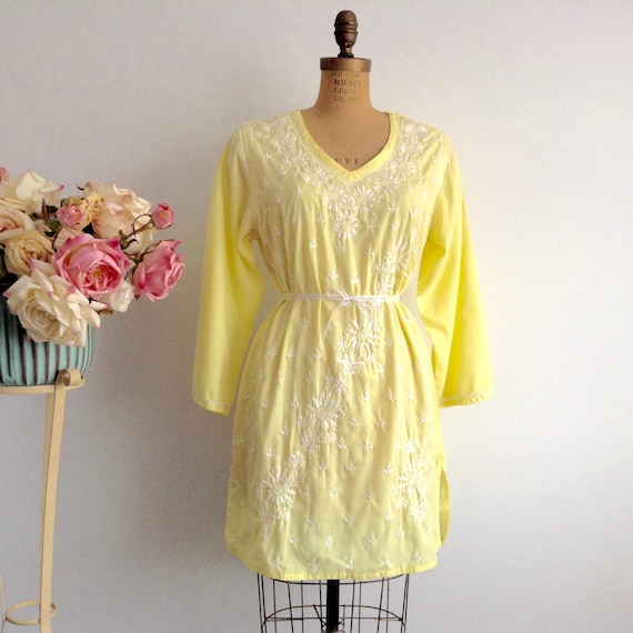 Vintage Hand Embroidered Yellow Cotton Tunic, Whit