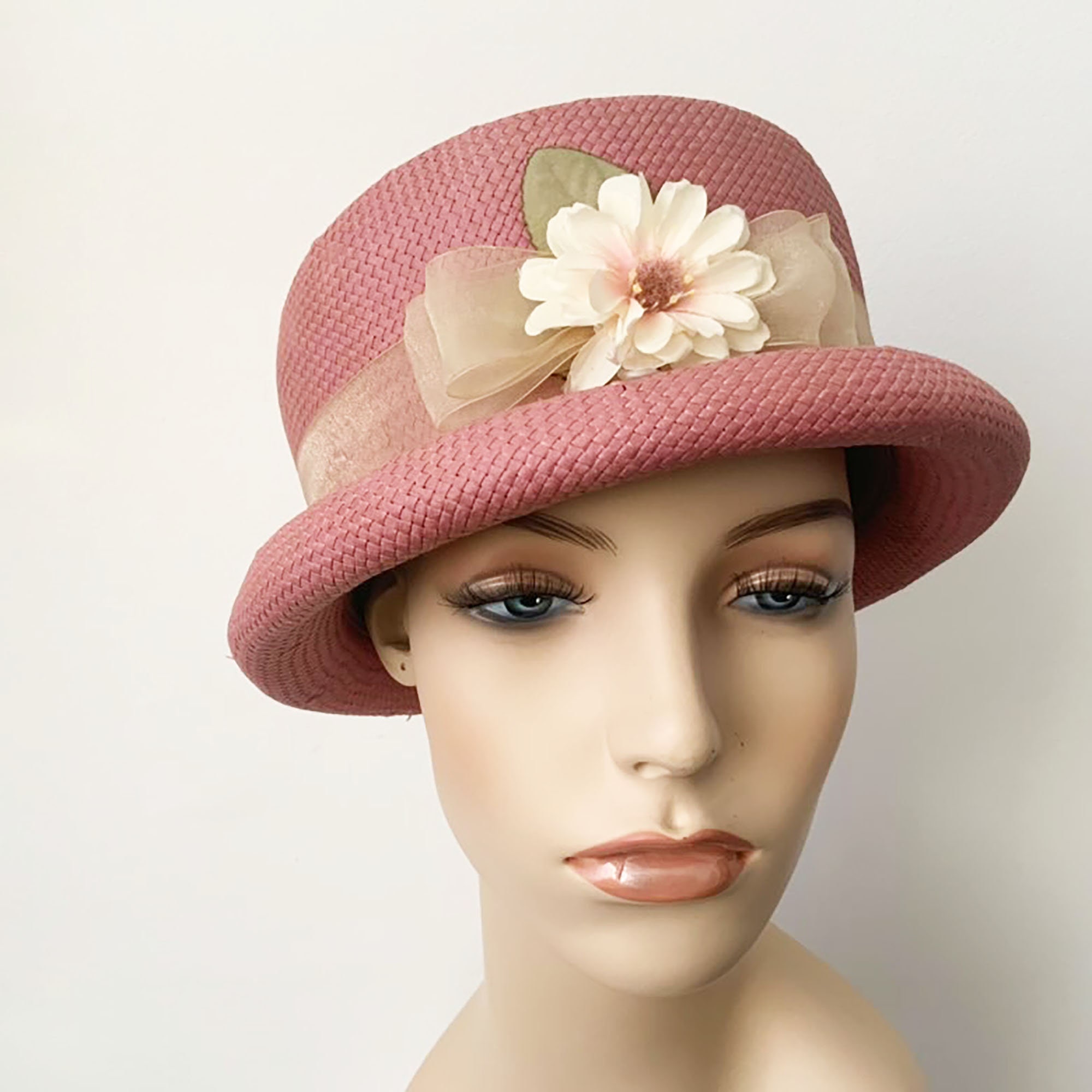 Vintage Pink Woven Formal Straw Skimmer Style Hat With Flower Etsy
