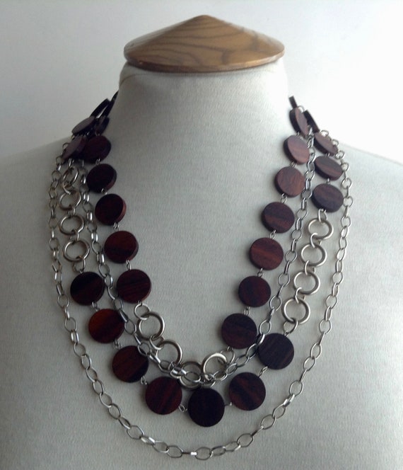Vintage Silver Tone Chain Wood Beads, 1990's Neck… - image 2