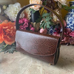 Vintage Brown Exotic Skin Style Synthetic Leather 60s Top Handle Versatile Bag,  Elegant Bag