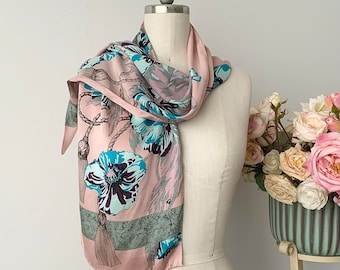 Vintage GEORGIOU Blue, Pink and Purple Rectangular Floral Silk Scarf, Versatile Scarf, Gift Idea
