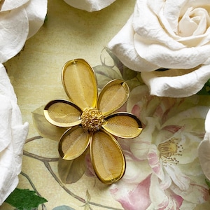 Vintage Gold Tone Floral Mesh Brooch, Elegant See Through Flower Metal Brooch