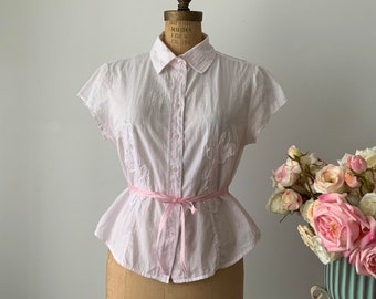 Vintage Pale Pink Short Sleeve Floral Applique Cotton Blouse, Elegant Summer Blouse