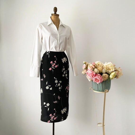 Vintage CLASSIQUE COLLECTIONS Black Floral Straight Midi Skirt With Side Slit Elegant Skirt Classic Skirt Etsy