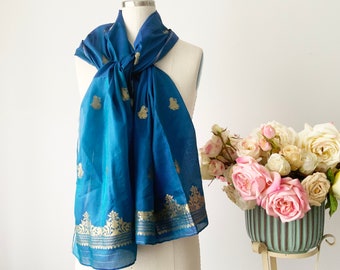 Vintage Blue and Gold Floral Rectangular Silk Scarf, Elegant Silk Scarf